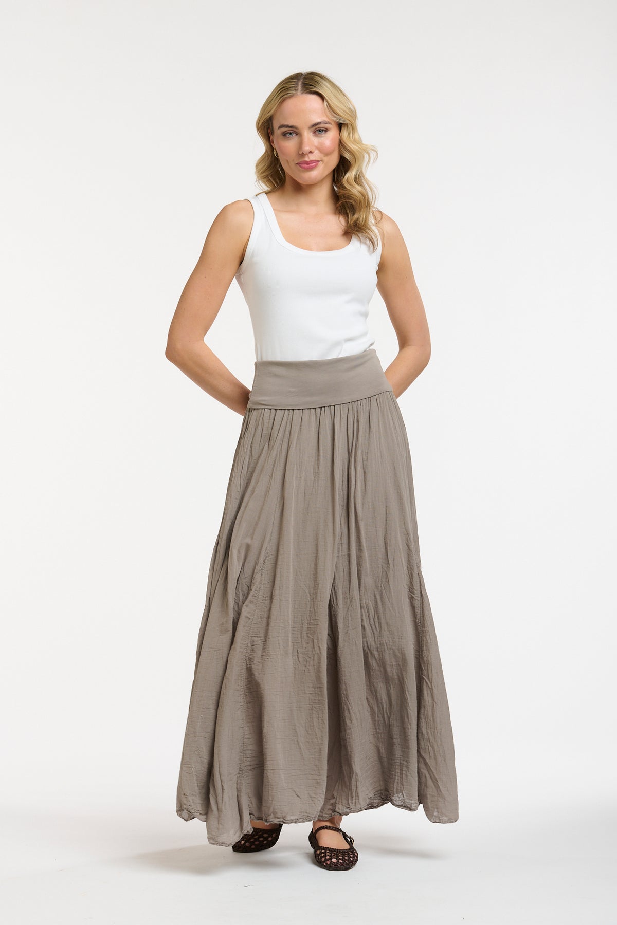 Crinkled Maxi Skirt-Taupe - One Size