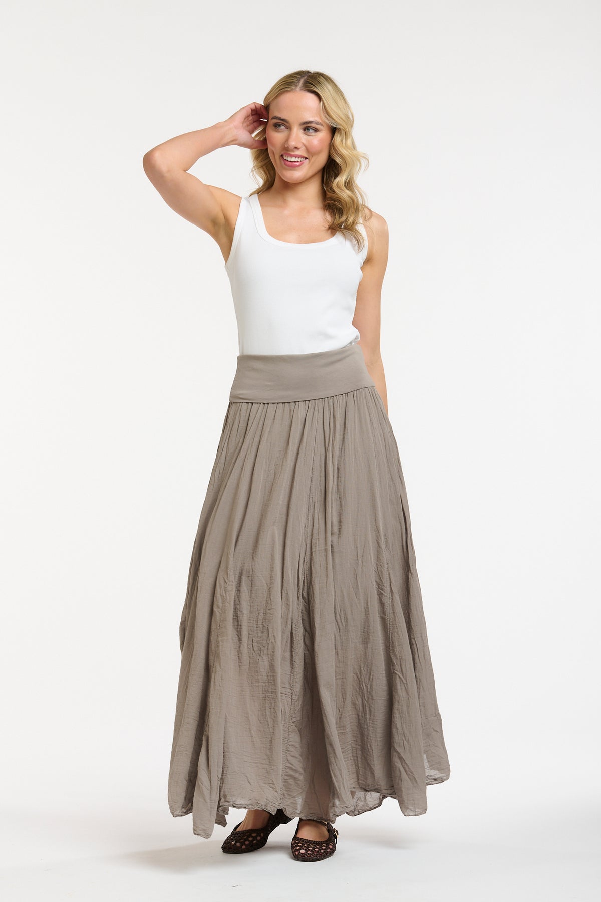 Crinkled Maxi Skirt-Taupe - One Size