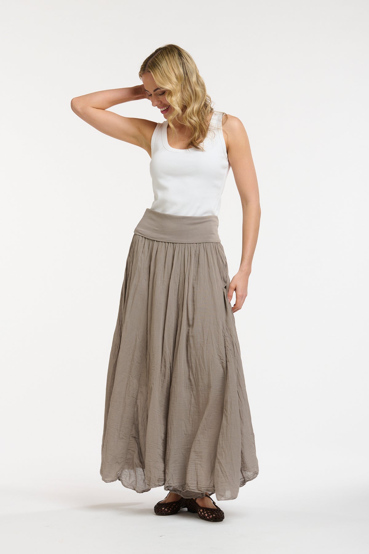 Crinkled Maxi Skirt-Taupe - One Size