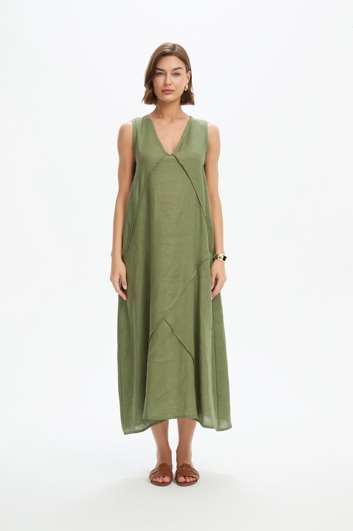 Reverse French Seam Maxi Dress - Olive Green