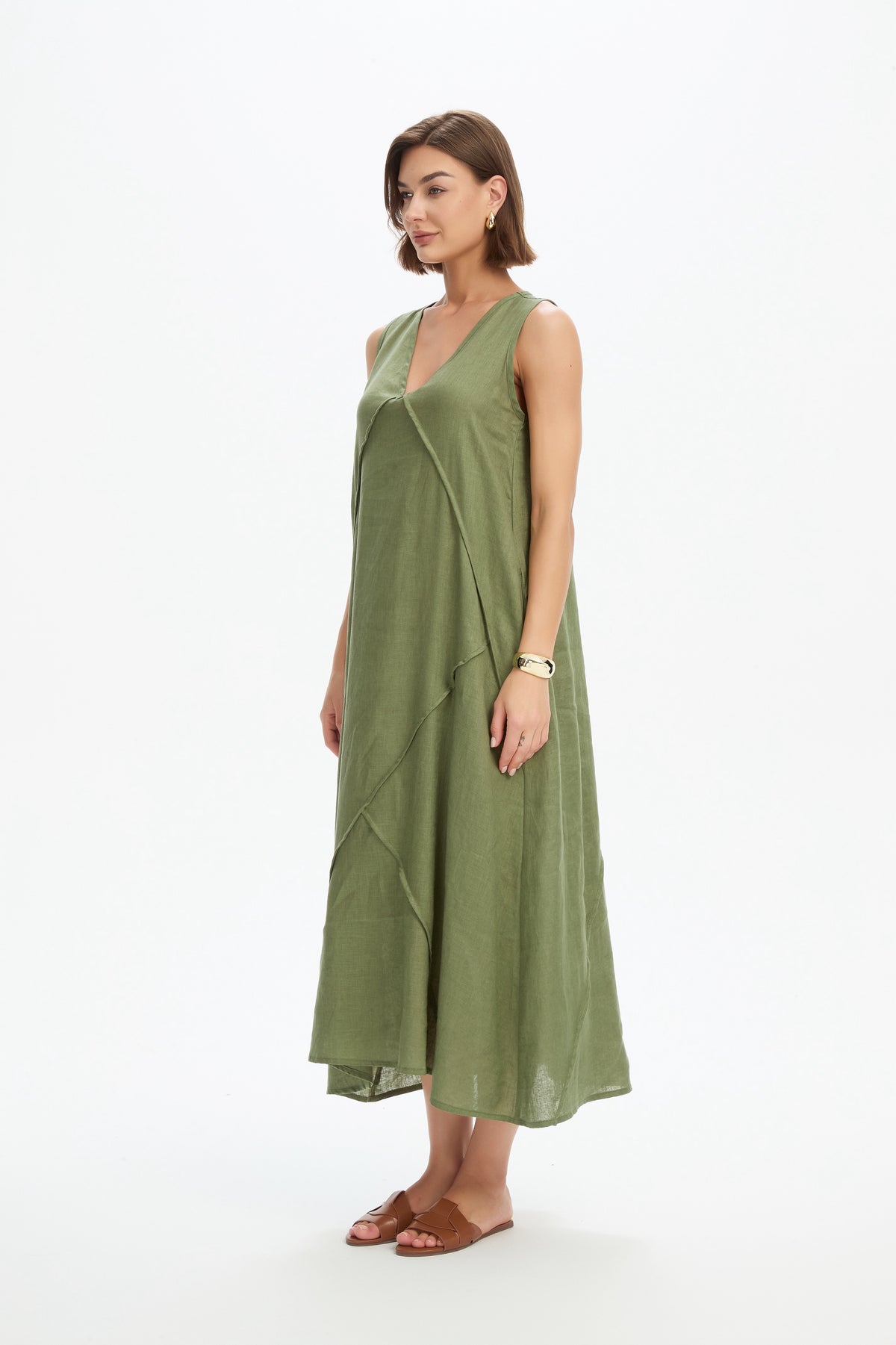 Reverse French Seam Maxi Dress - Olive Green