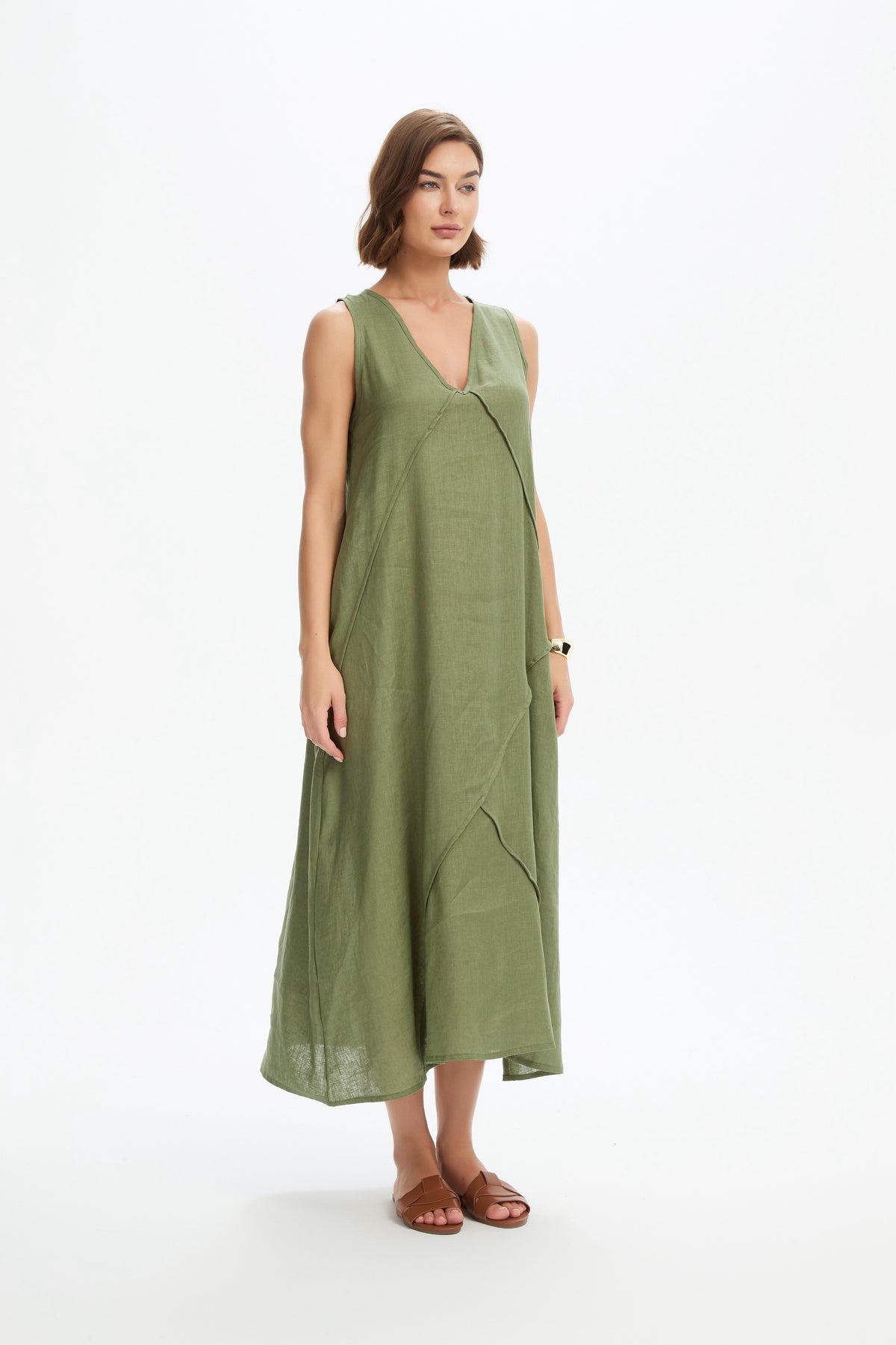 Reverse French Seam Maxi Dress - Olive Green