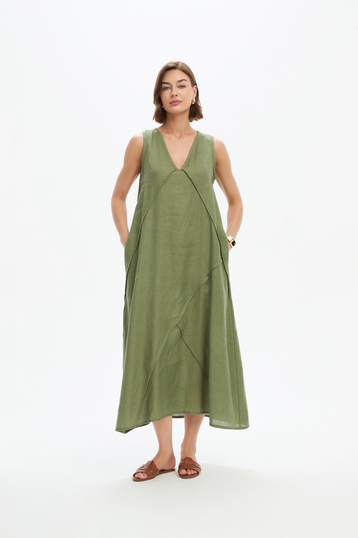 Reverse French Seam Maxi Dress - Olive Green