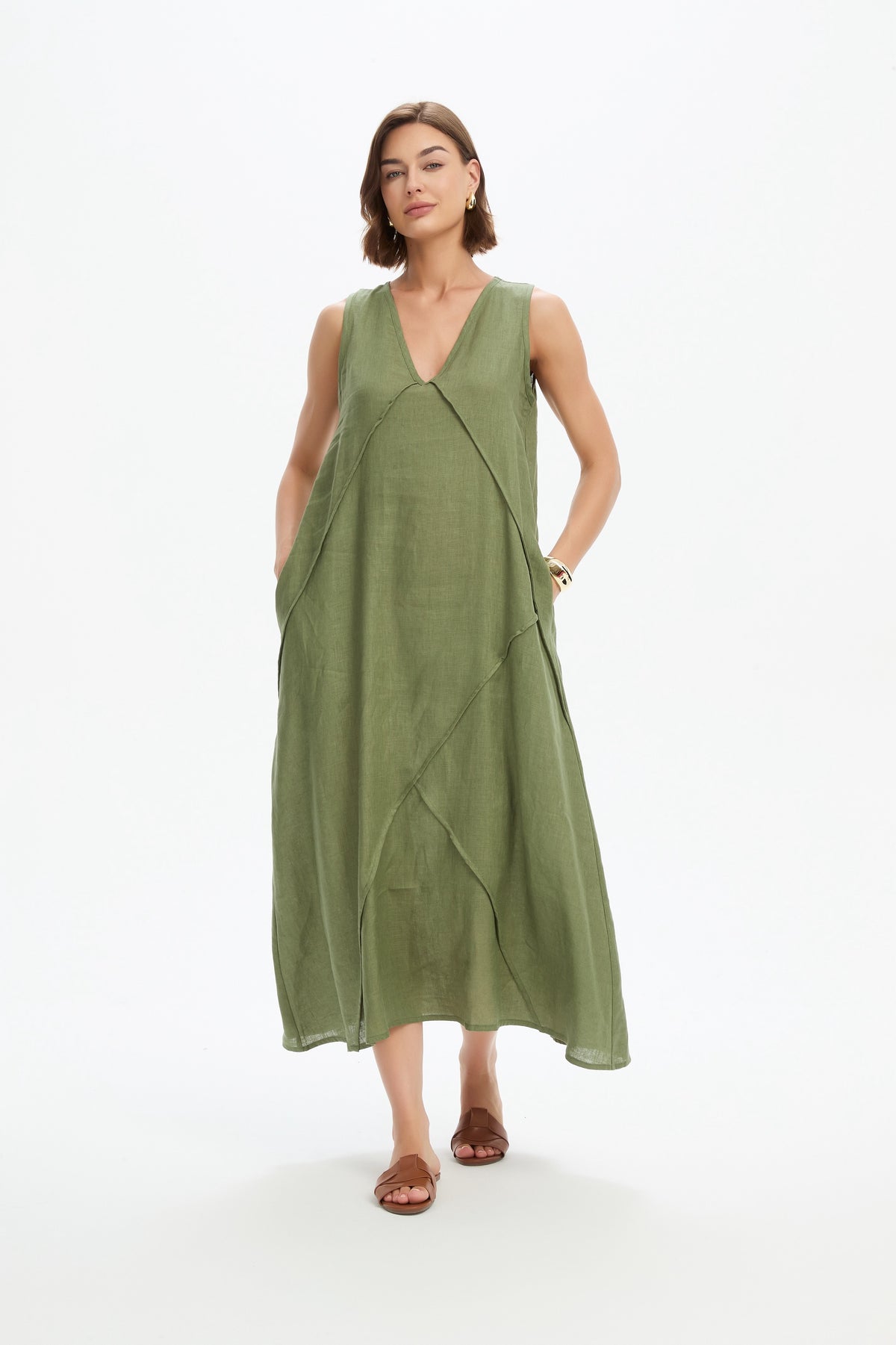 Reverse French Seam Maxi Dress - Olive Green