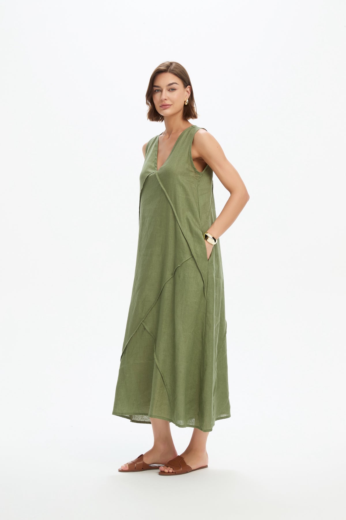 Reverse French Seam Maxi Dress - Olive Green