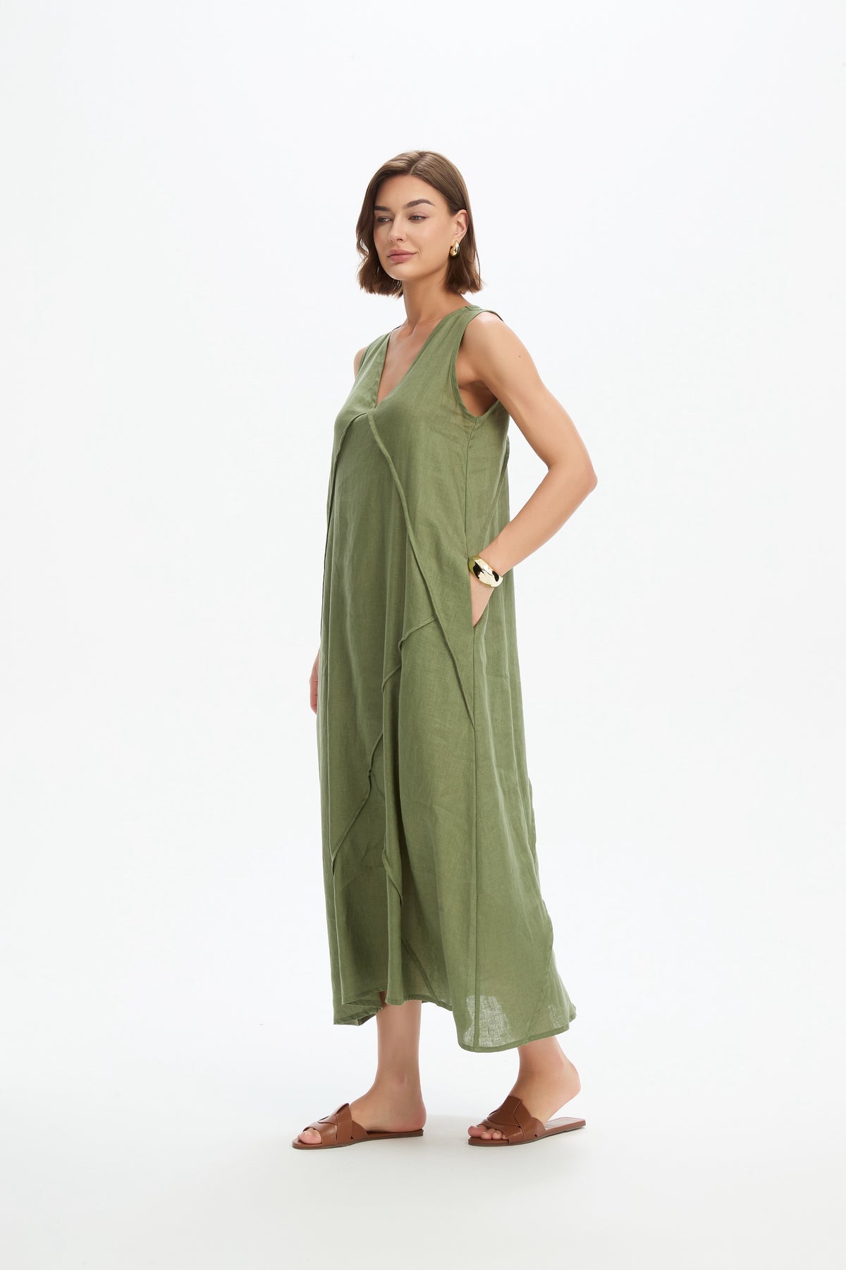 Reverse French Seam Maxi Dress - Olive Green