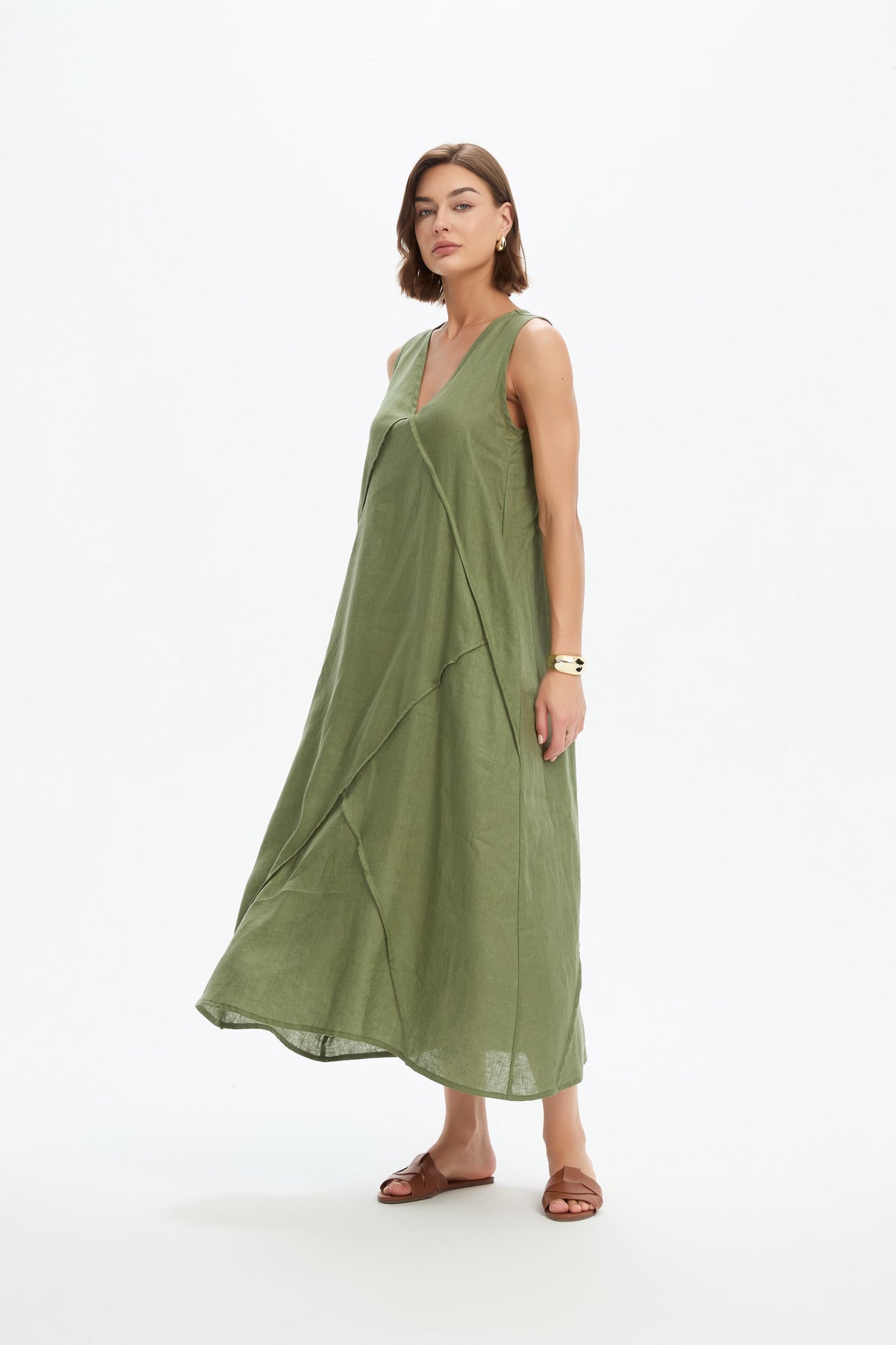 Reverse French Seam Maxi Dress - Olive Green