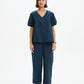 V Neck Bishop Sleeve Poplin Top Navy