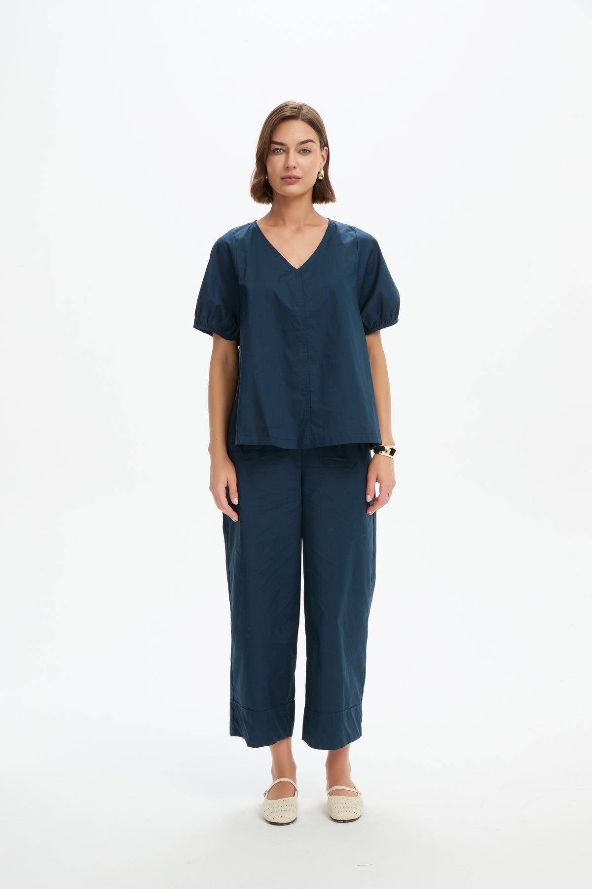 V Neck Bishop Sleeve Poplin Top Navy