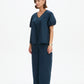 V Neck Bishop Sleeve Poplin Top Navy