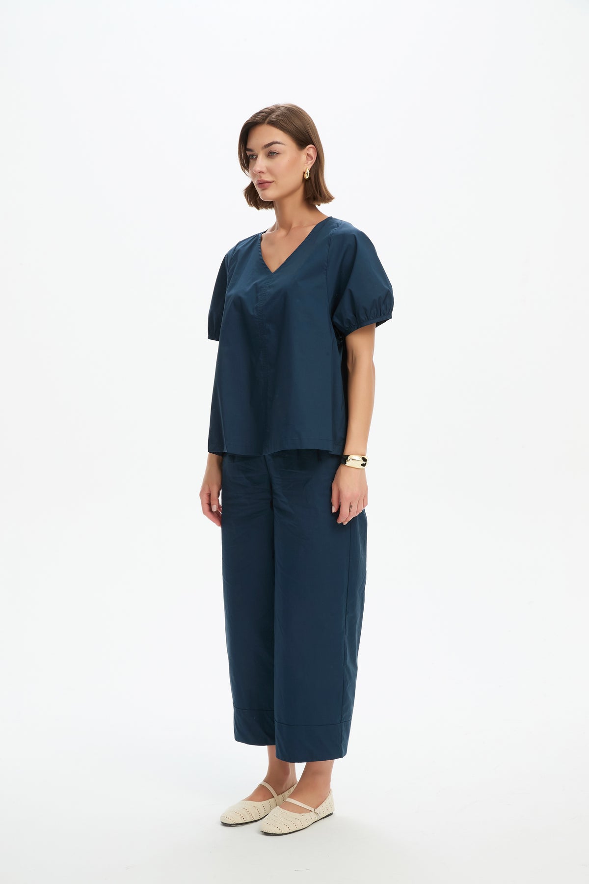 V Neck Bishop Sleeve Poplin Top Navy