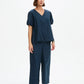 V Neck Bishop Sleeve Poplin Top Navy