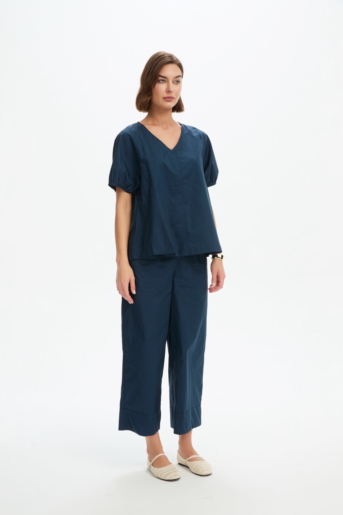 V Neck Bishop Sleeve Poplin Top Navy