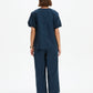 V Neck Bishop Sleeve Poplin Top Navy