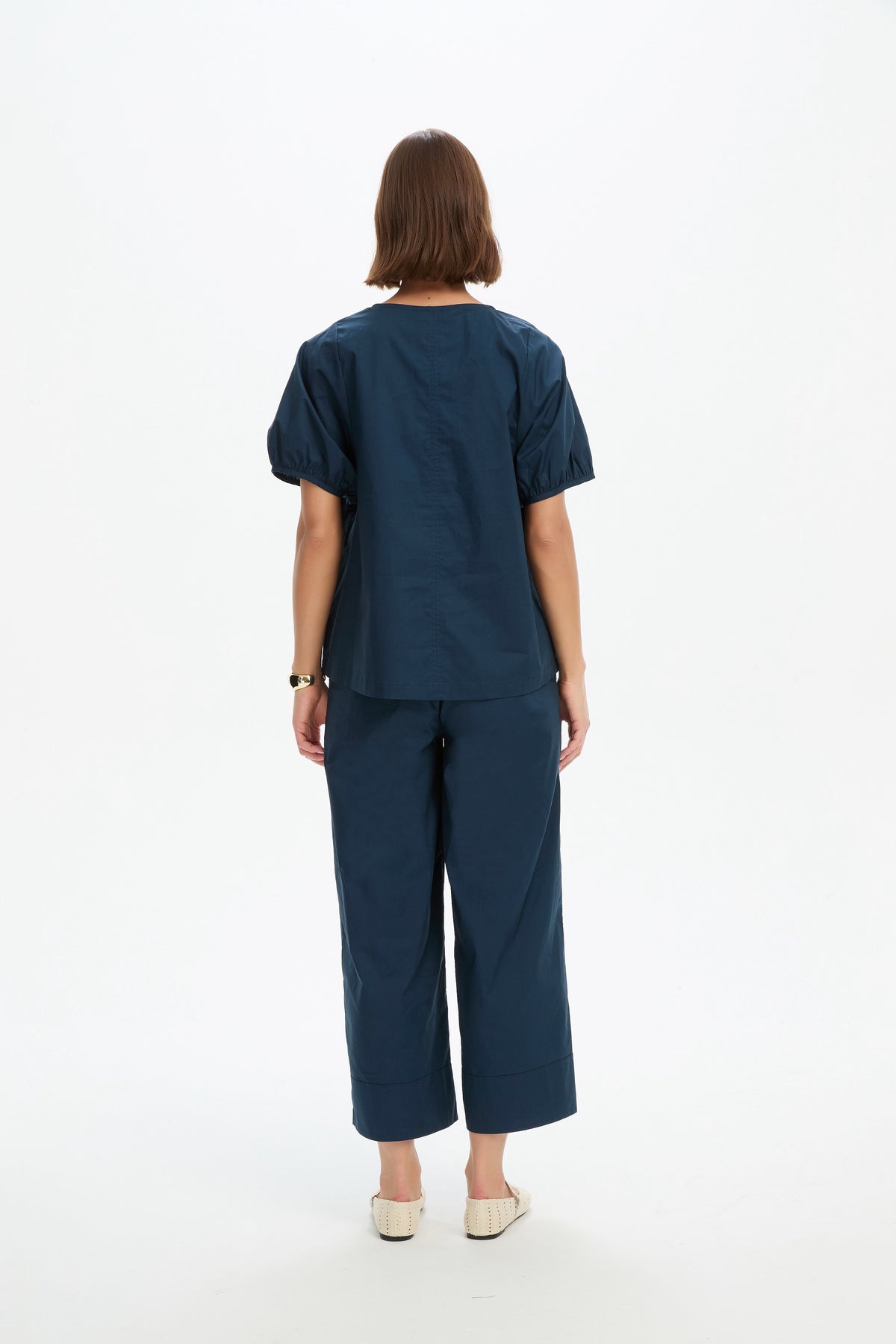 V Neck Bishop Sleeve Poplin Top Navy