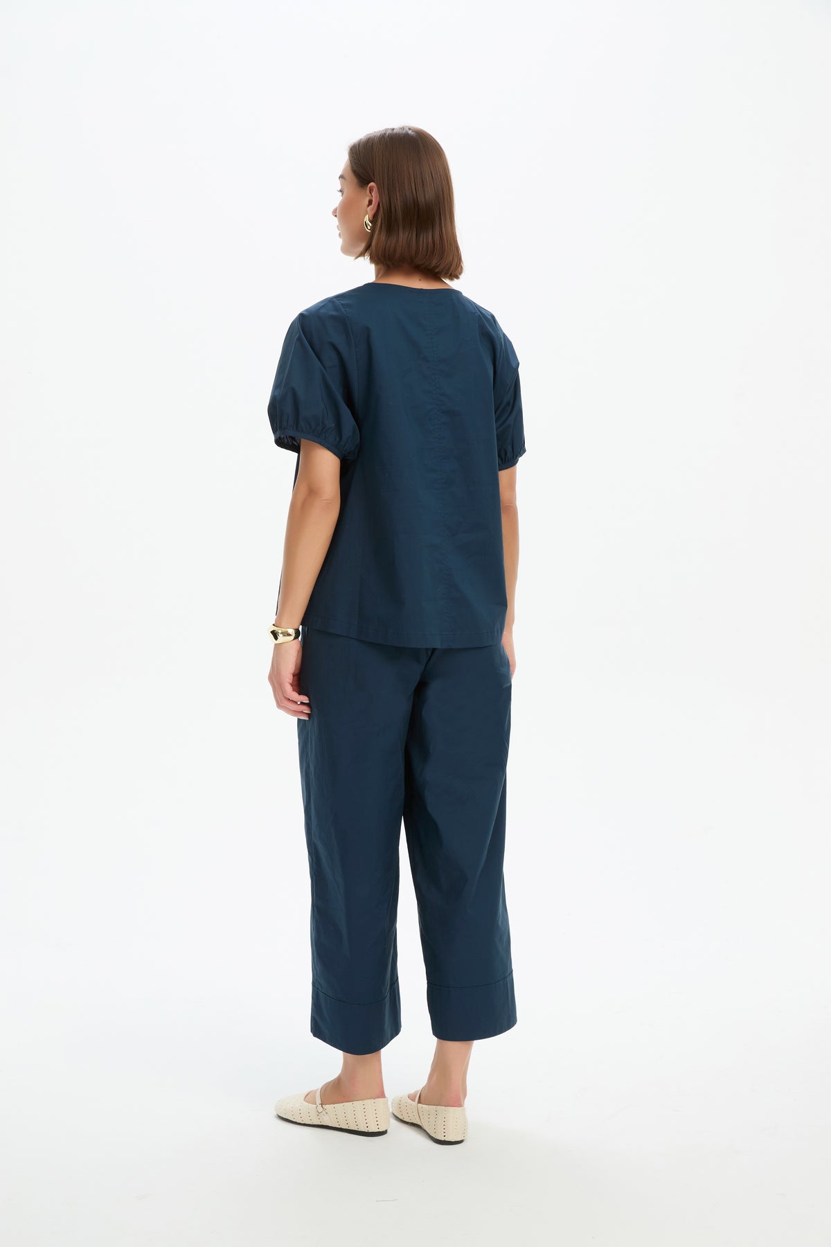 V Neck Bishop Sleeve Poplin Top Navy