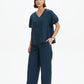V Neck Bishop Sleeve Poplin Top Navy