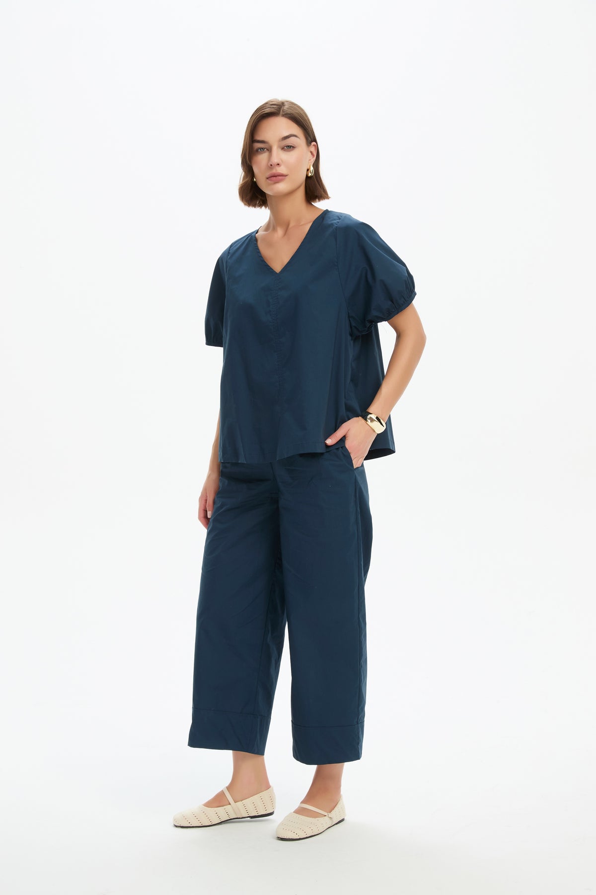 V Neck Bishop Sleeve Poplin Top Navy