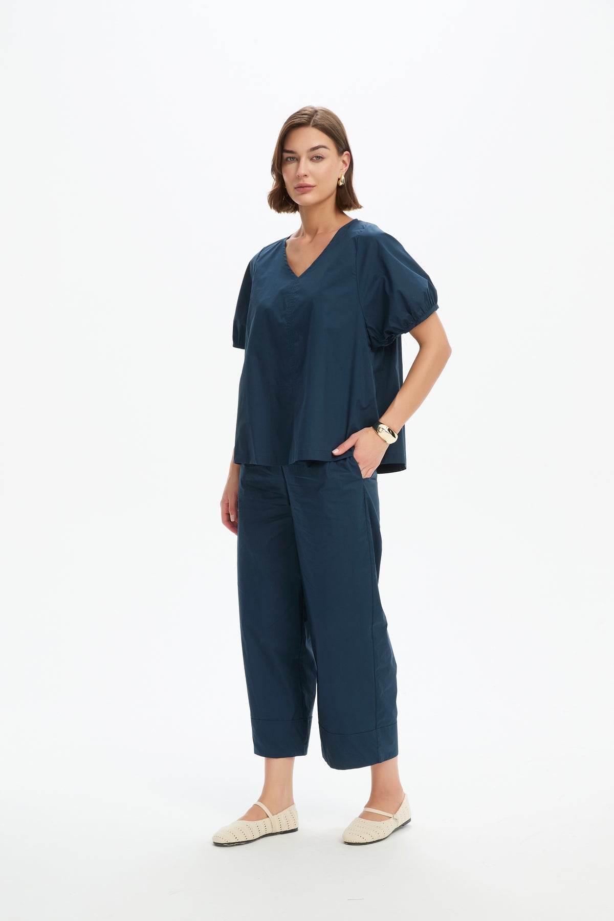 V Neck Bishop Sleeve Poplin Top Navy