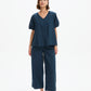 V Neck Bishop Sleeve Poplin Top Navy