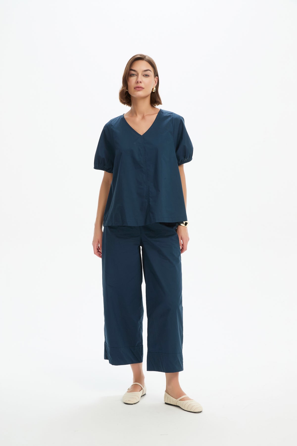 V Neck Bishop Sleeve Poplin Top Navy