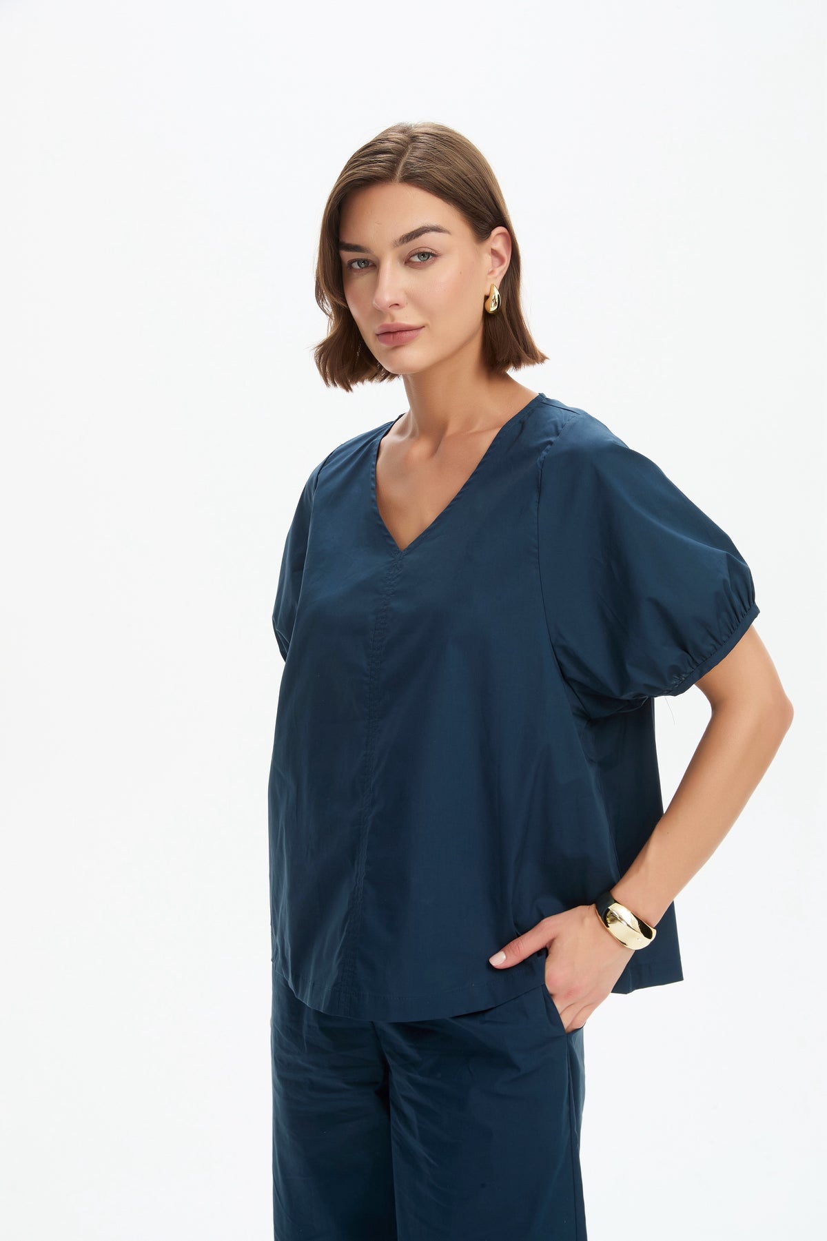 V Neck Bishop Sleeve Poplin Top Navy