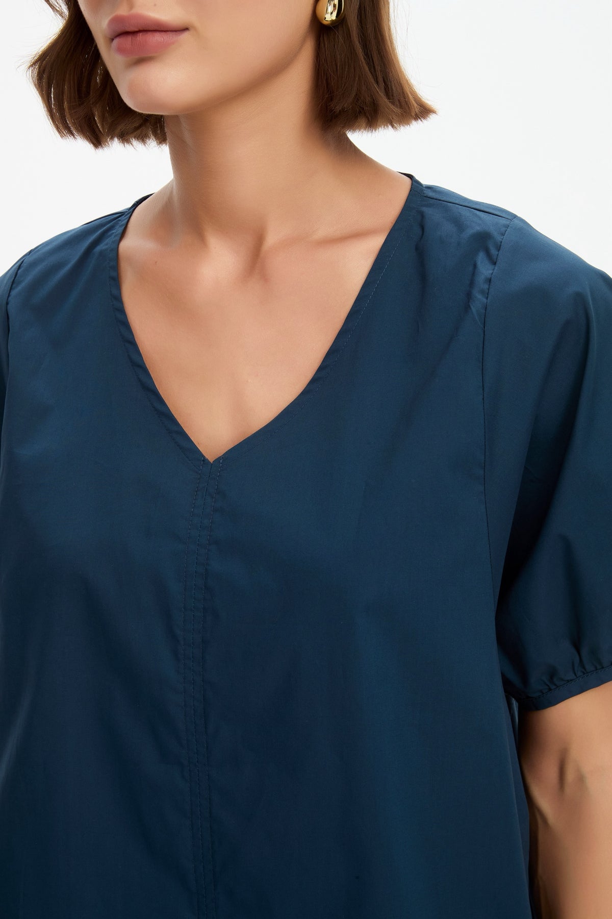 V Neck Bishop Sleeve Poplin Top Navy