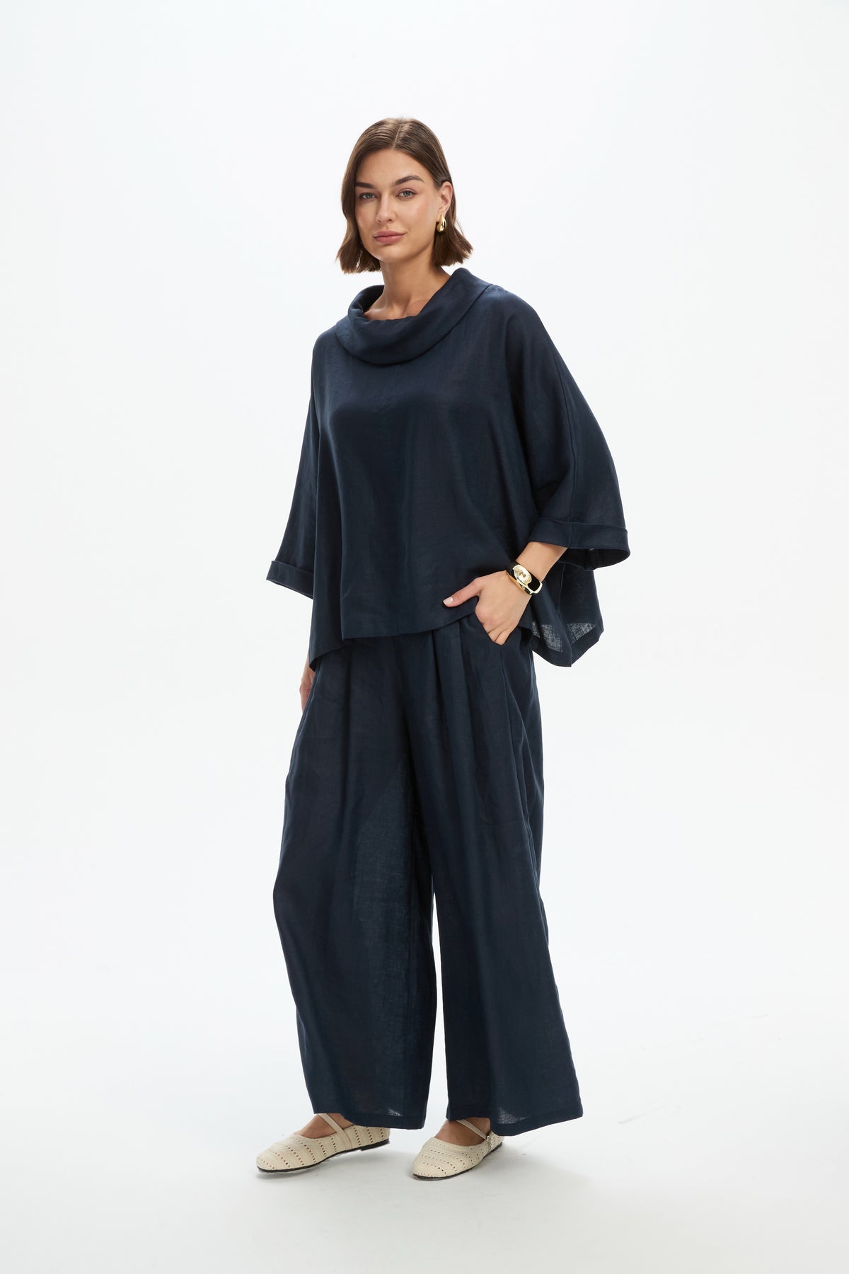 Funnel Neck Boxy Top - Navy