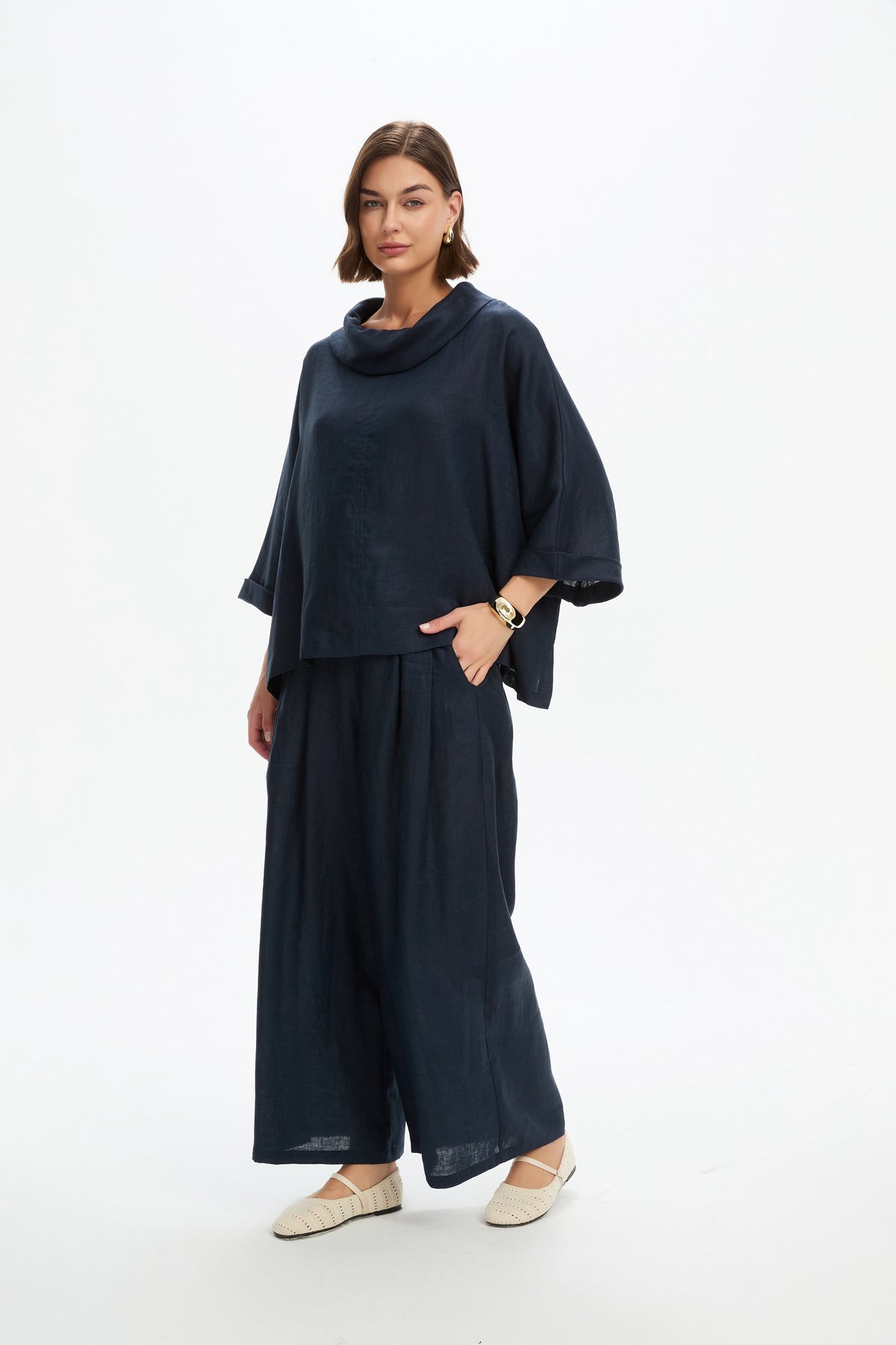 Funnel Neck Boxy Top - Navy