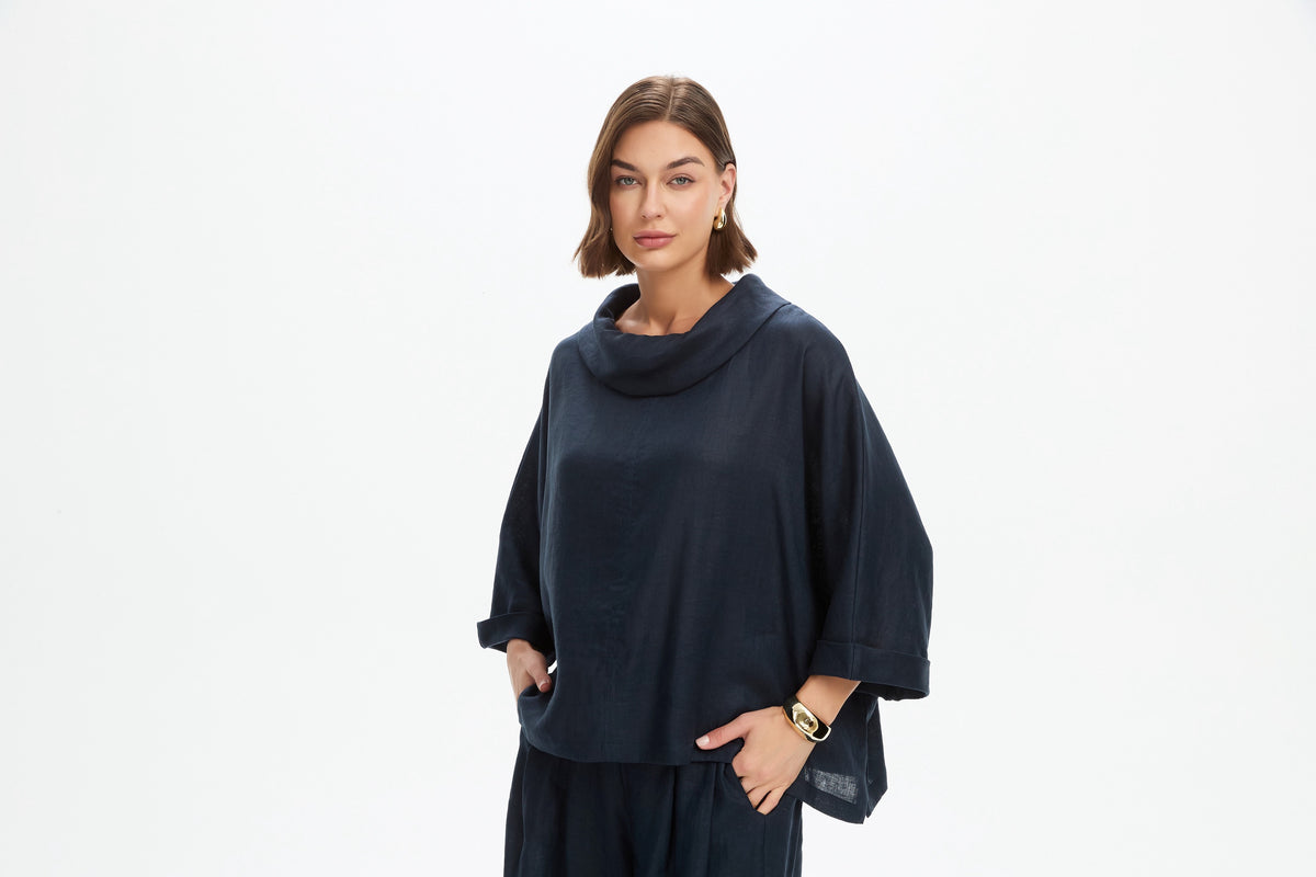 Funnel Neck Boxy Top - Navy
