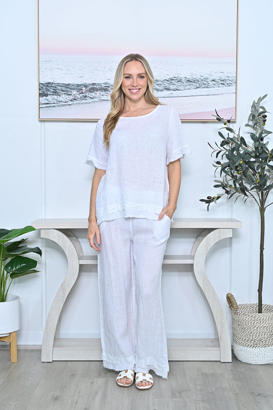 Sequin Hem White Fringe Linen Top White
