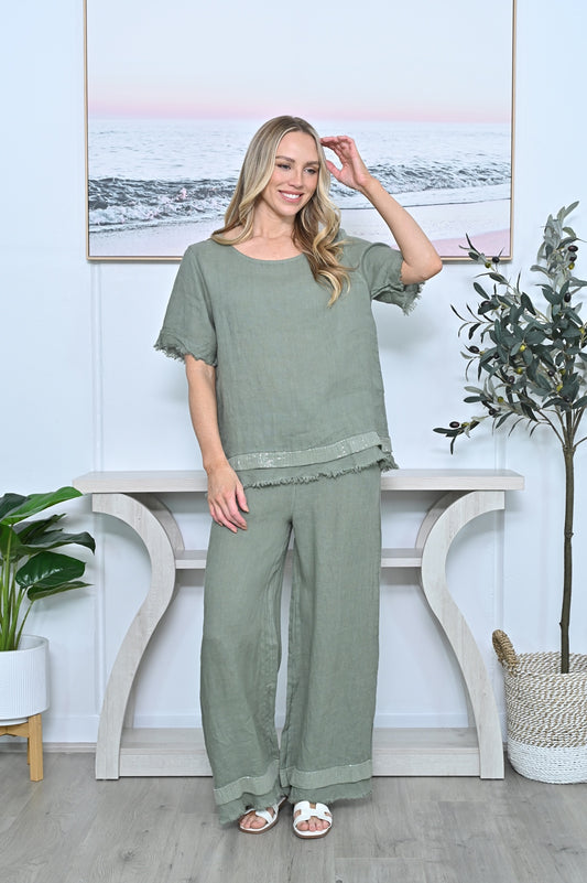 Sequin Hem White Fringe Linen Top Khaki