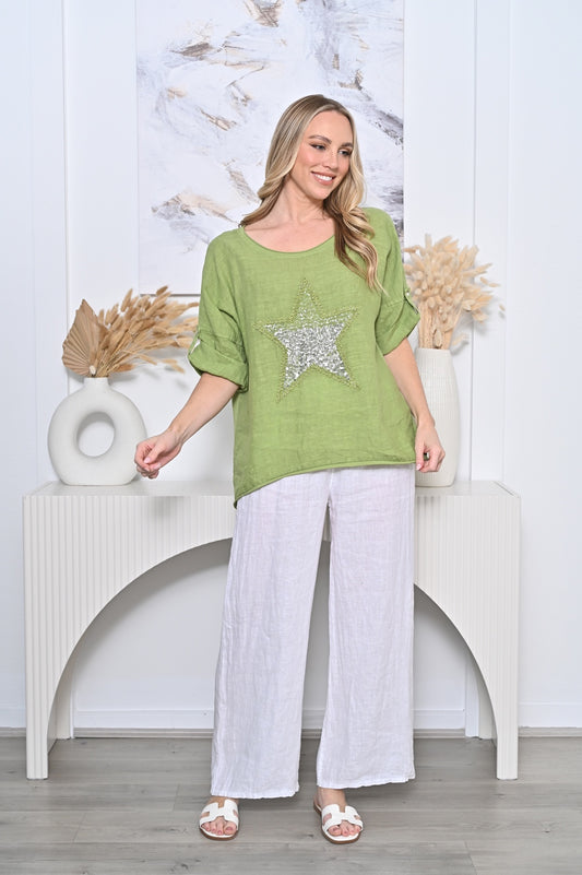 Sequin Star Linen Top Green