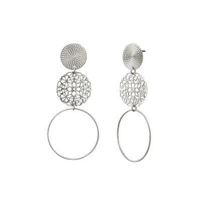 Silver Tri Disc Filigree Hoop Earrings