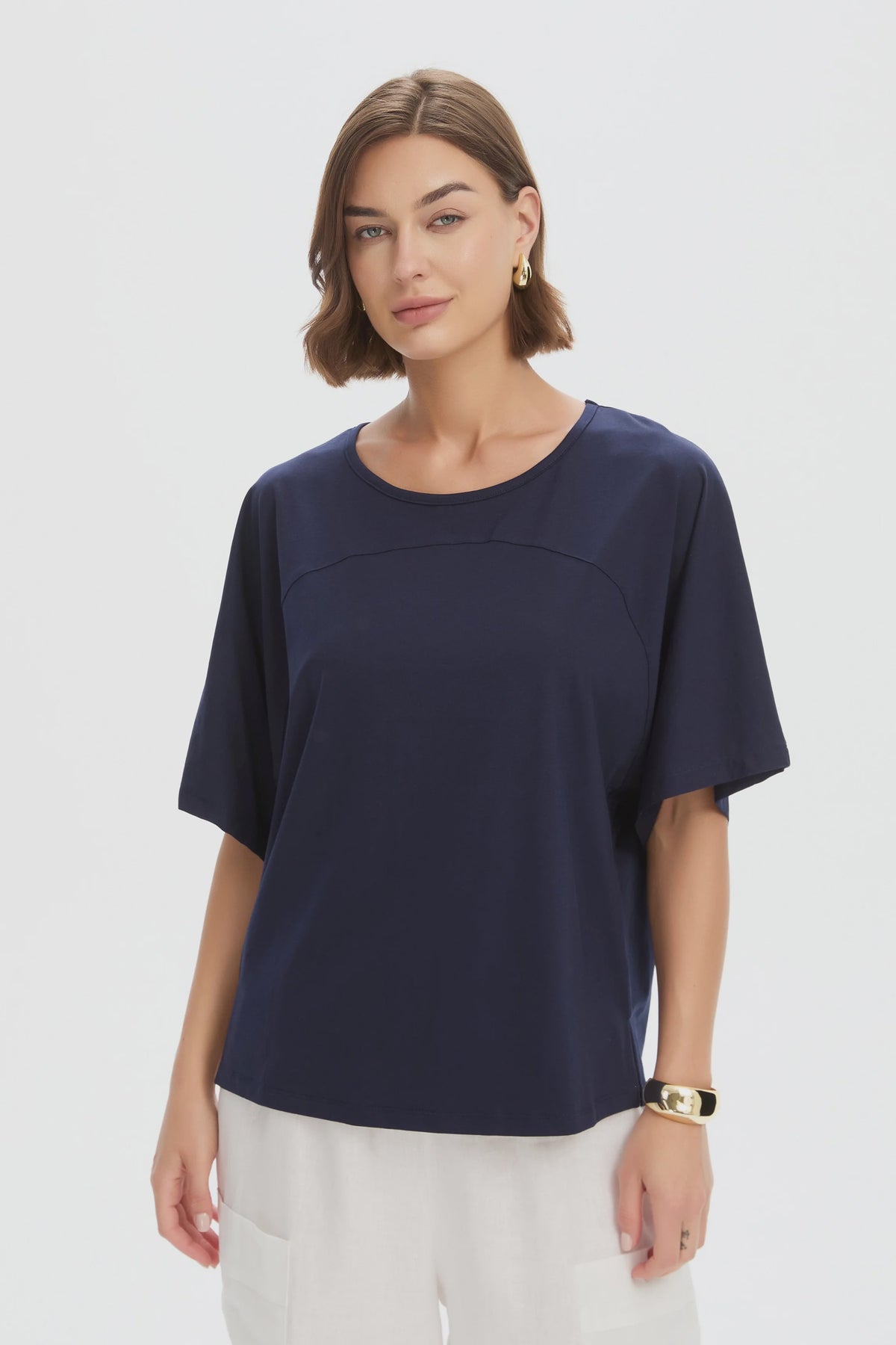 Wide Sleeve Yoke Tee - Navy