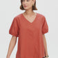 V Neck Bishop Sleeve Poplin Top Clay Red