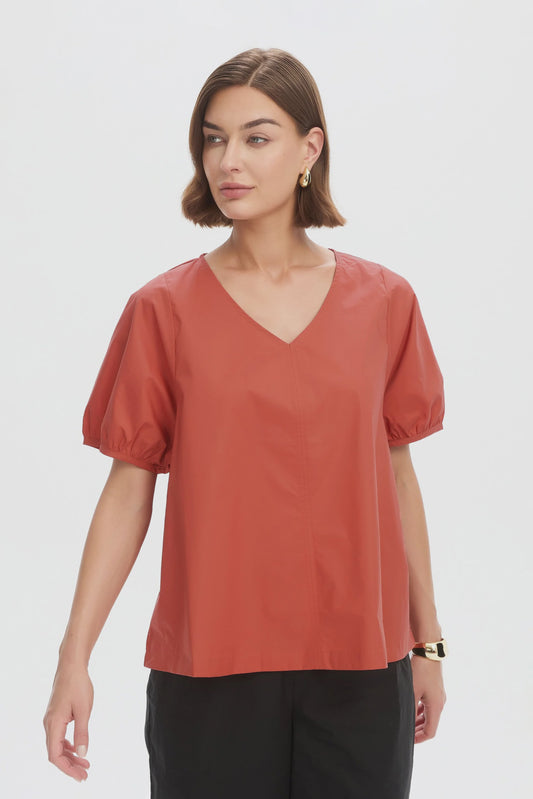 V Neck Bishop Sleeve Poplin Top Clay Red