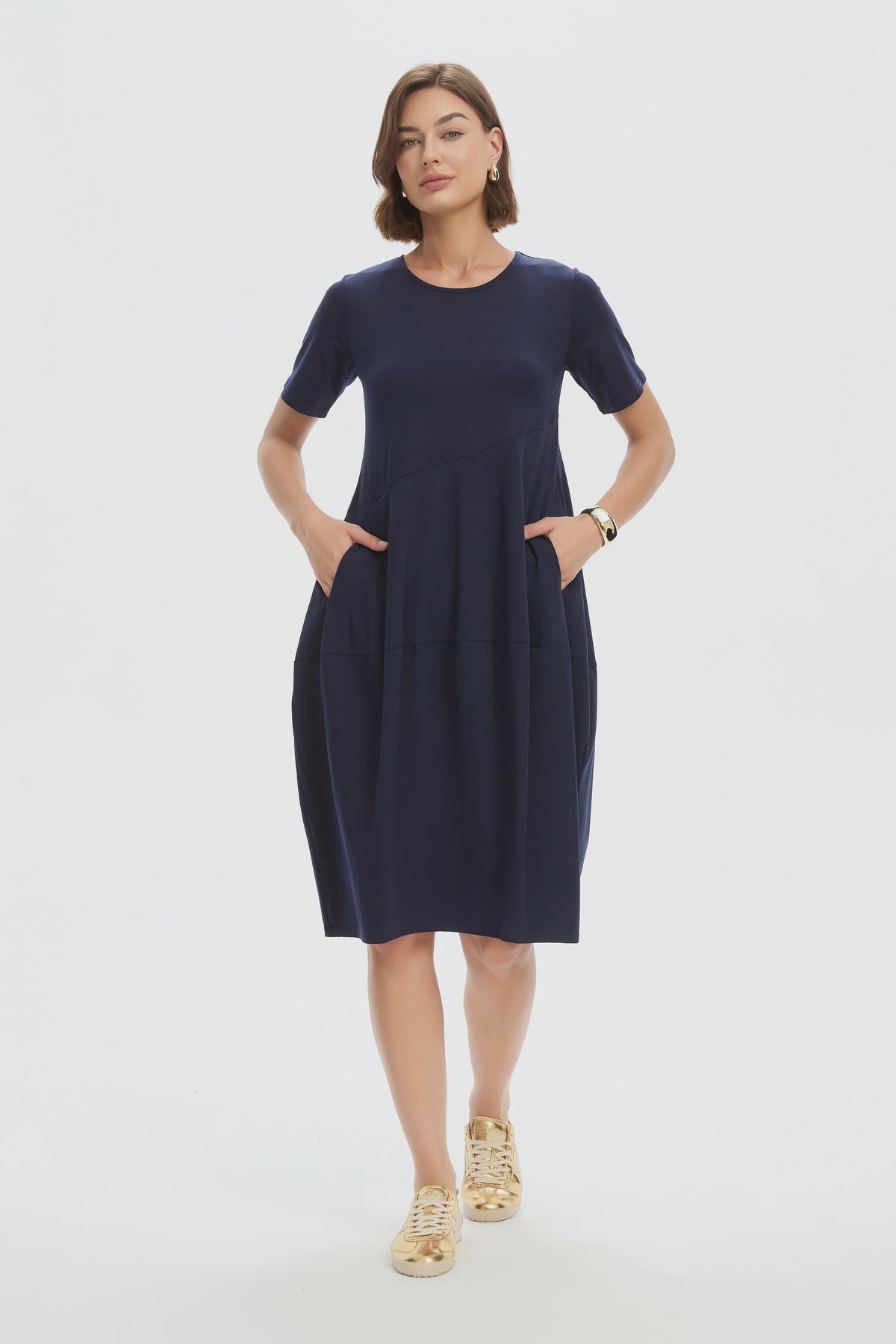 Short Sleeve Diagonal Seam Dress - Navy