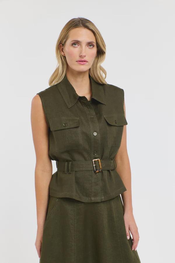 Perry Linen Vest - Khaki