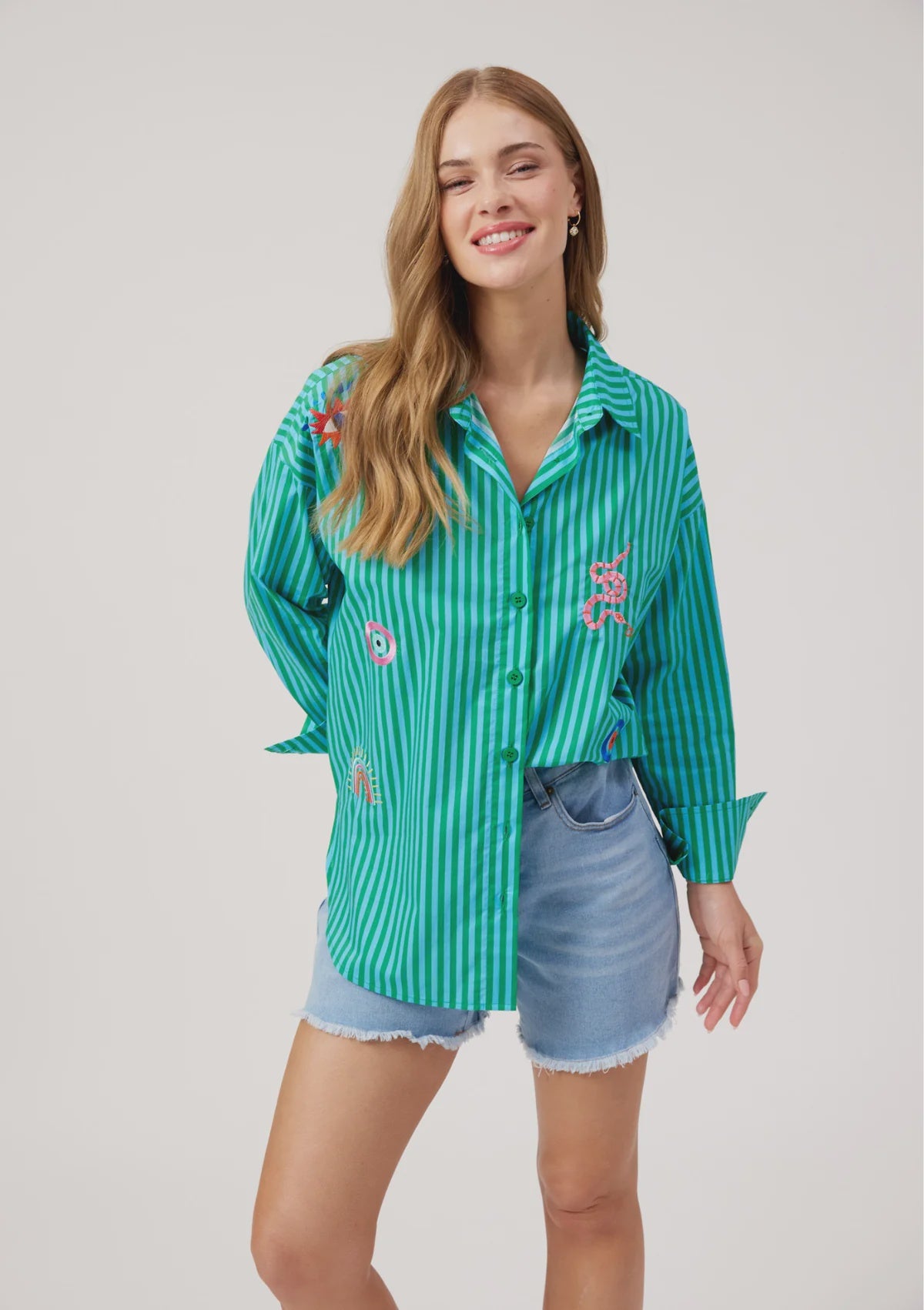 Mykonos Embroidered Stripe Shirt - Green