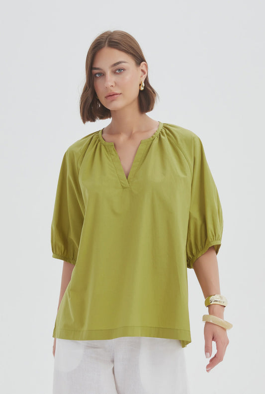 Gathered Notch Neck Top Split Pea