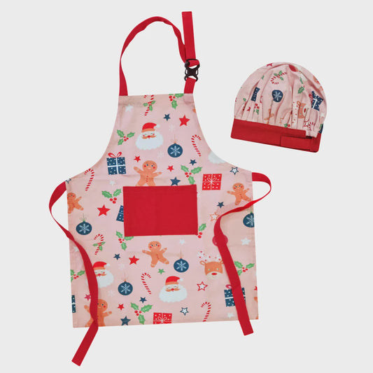 Christmas Kids Apron & Chef Cap Pink