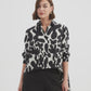 ELASTIC FRONT HEM PRINT SHIRT (BLACK & CREAM PRINT)