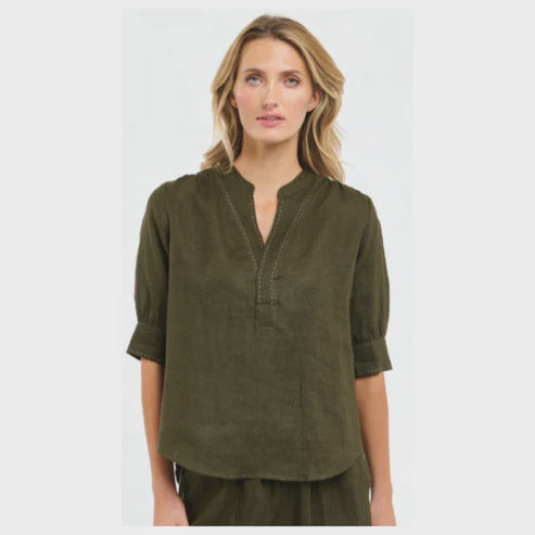 Bradley Linen Stitch Top - Khaki & White
