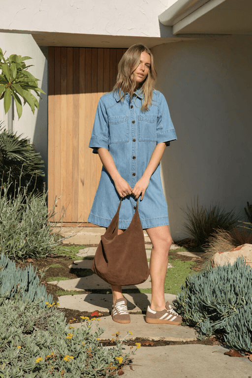 SHORT SLEEVE YOKE DETAIL MINI DRESS/VINTAGE BLUE