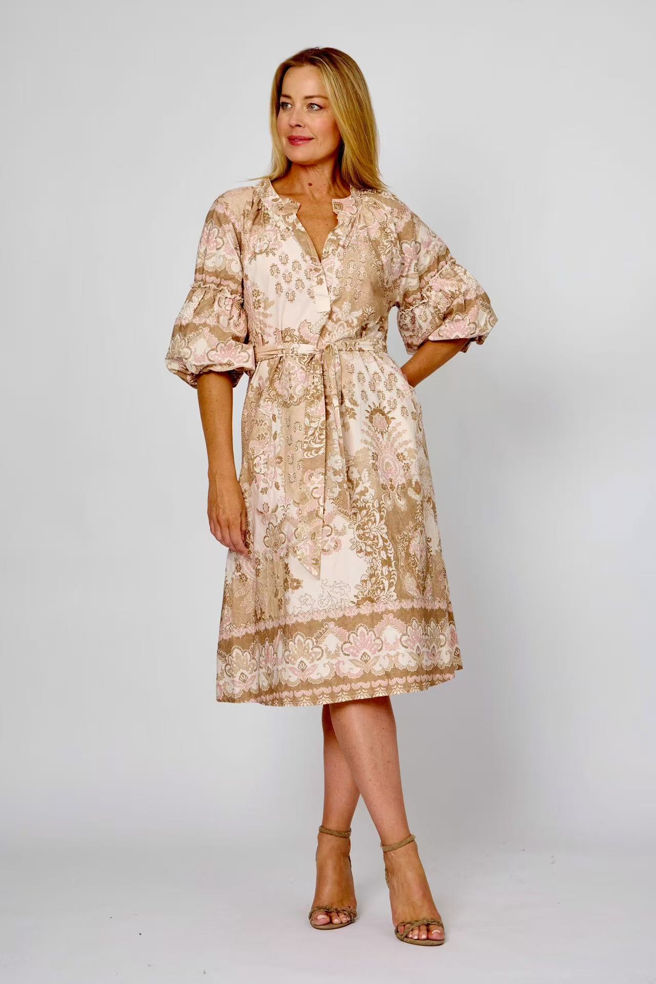 100% Cotton Puff Sleeve Dress (Beige/Pink)