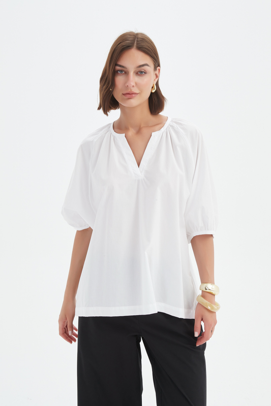 Gathered Notch Neck Top White