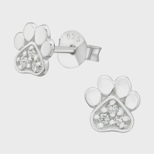 Silver Paw Print Stud Earrings - Cz Crystal