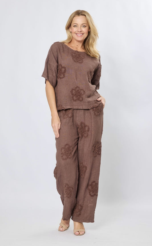 100% Linen Candlewick Embroidery Top Mocha