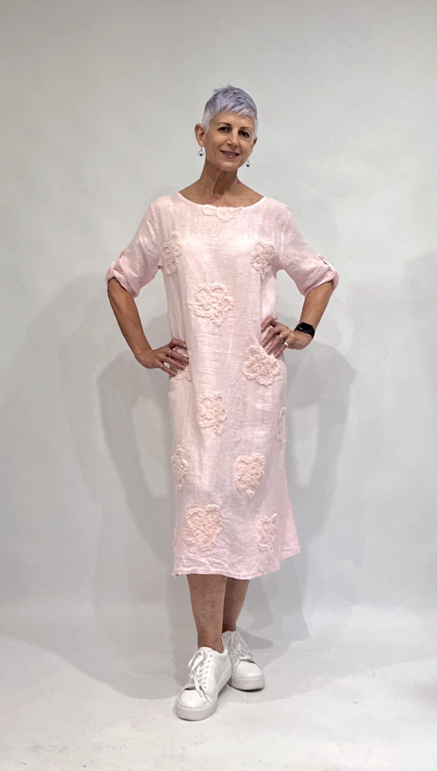 100% Linen Candlewick Embroidery Dress Rose